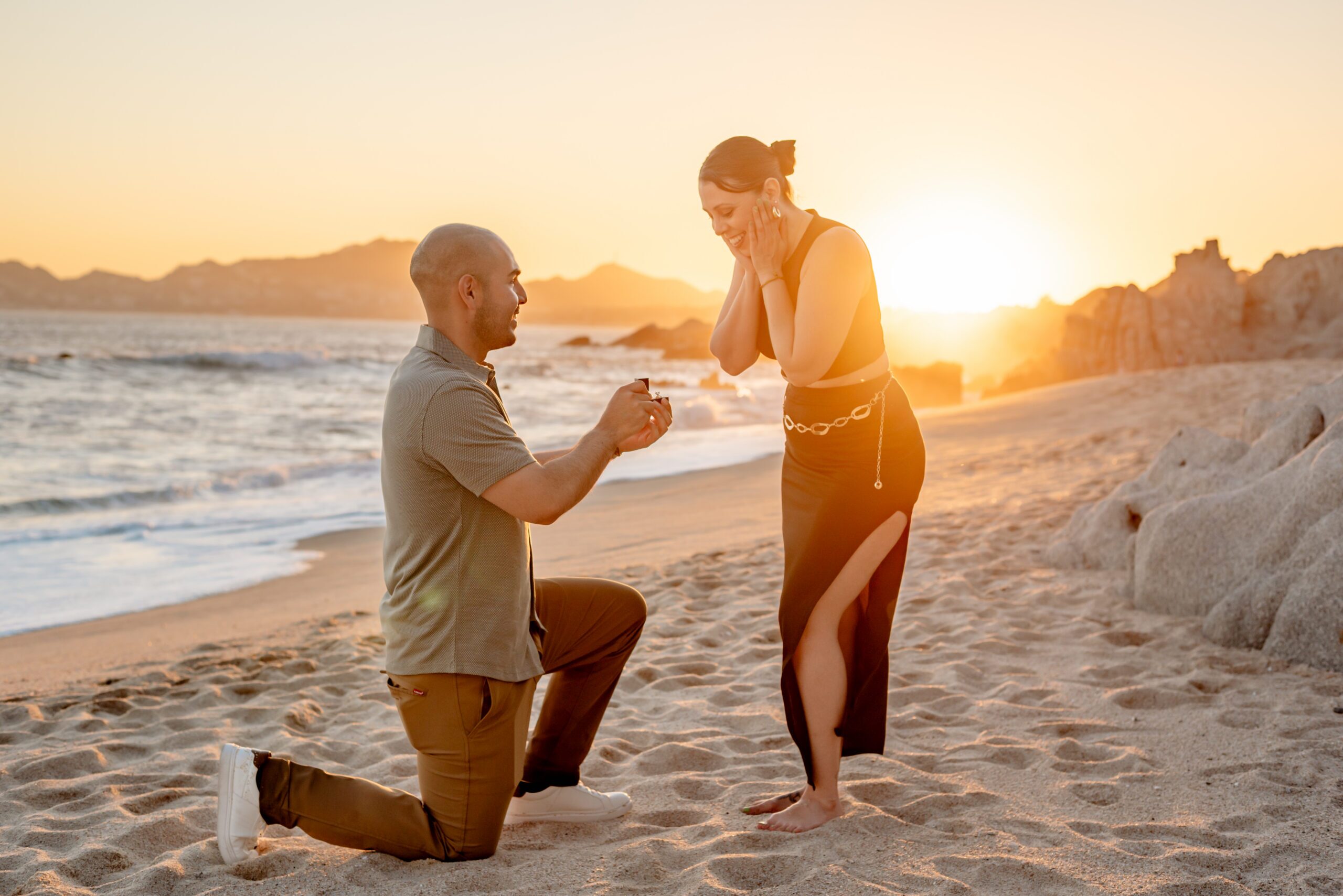 Sunset beach proposal in Cabo San Lucas, Mexico