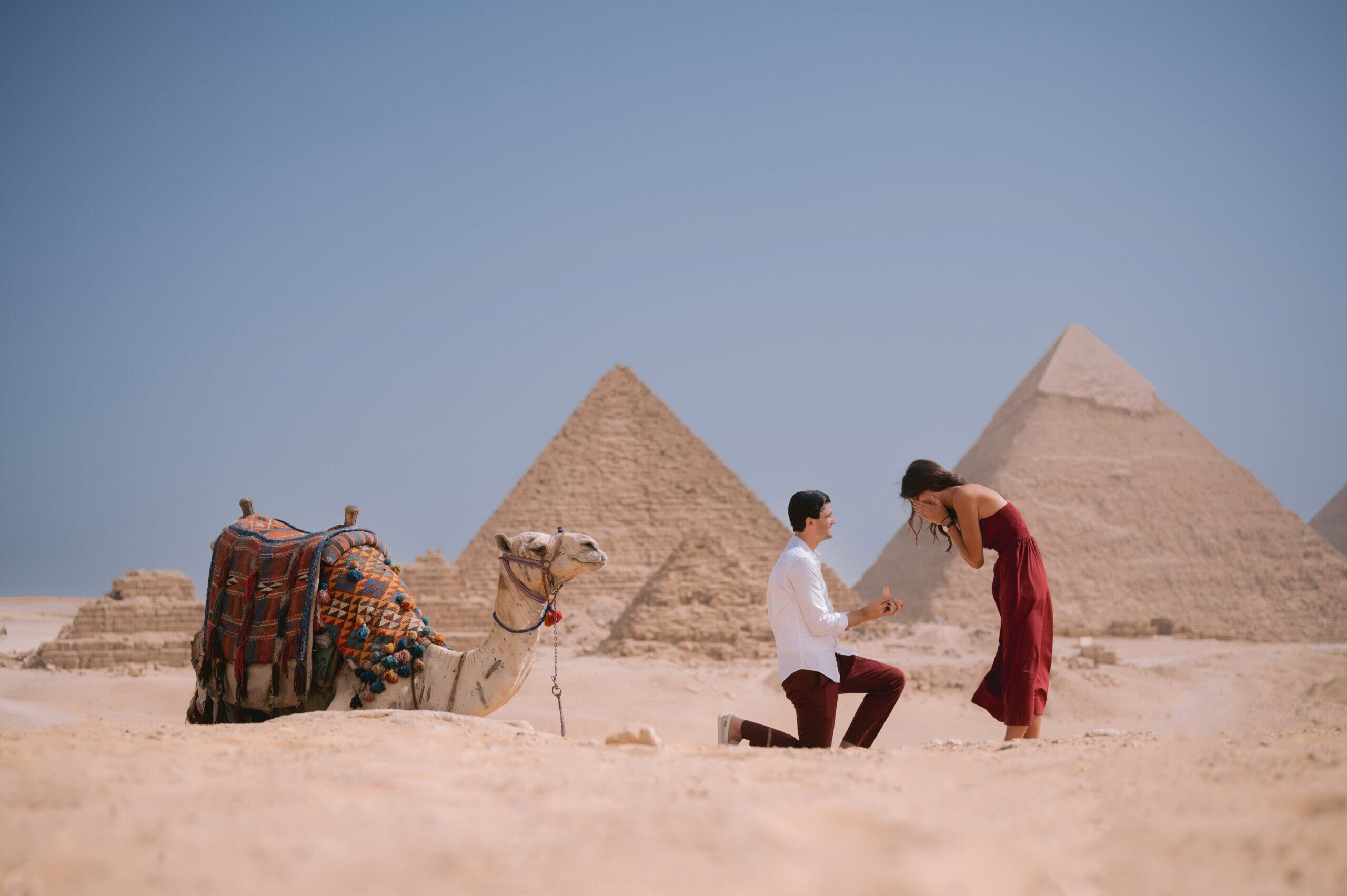Destination proposal beside a camel with the pyramids in Egypt